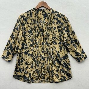 Misoka Women’s Large Gray Yellow Pleated Hidden Button 3/4 Sleeve Top